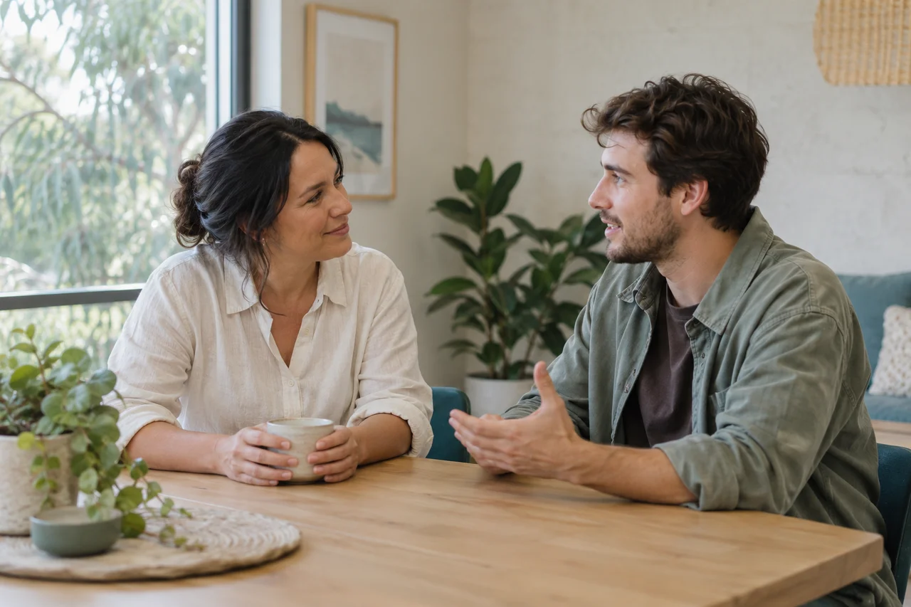 Illustrative scene of two adults talking at a table.